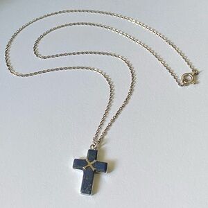 Vintage Sterling Silver Blue Stone Cross Pendant Necklace